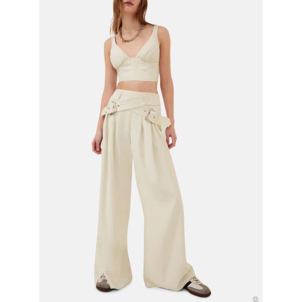 For Love & Lemons Ivory Natasha Buckle Strap Crop Top L & Wide Leg Pant M Set
